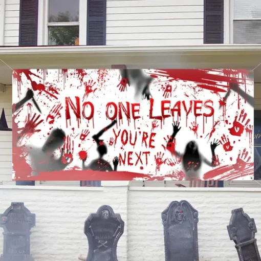 Bloody Halloween Banner- Long Halloween Outdoor Decoration Banner Bloody Hand Background Party Decoration Supplies for Wall Office Fence Yard Garage Backdrop Halloween Decorations