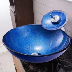 Blue Bathroom Sink Set with Matching Style Faucet Art Bathroom Tempered Glass Vessel Sink Round Wash Basin Bowl Above Counter Washbasin