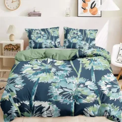 Blue Ink Illustration Flower 3-Piece Duvet Set for Hotel Bedroom Guest Room Hotel Bedding Comfy Set 1 Duvet Cover 2 Piillowcases