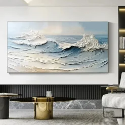 Blue Ocean Oil Painting handmade Contemporary Indigo Painting Abstract Sunrise Ocean Oil Painting on Canvas Large Custom Modern Textured Coastal Landscape Painting Living Room Home Wall Decor
