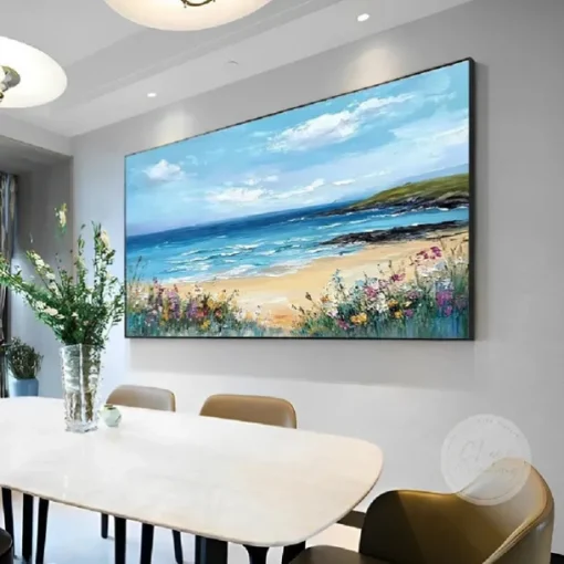 Blue Ocean Oil Painting Handmade Contemporary Indigo Painting Large Sky Sea painting Art Ocean Sea Painting Home Decor Painting 3D Sea Abstract Oil Painting White Waves Texture Painting