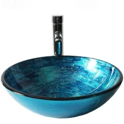 Blue Round Chrome Tempered Glass Glass Basin with Straight Tube Faucet, Basin Support and Drain