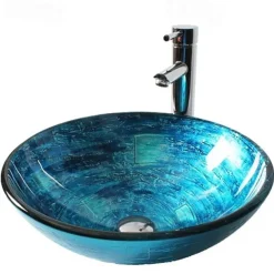 Blue Round Chrome Tempered Glass Glass Basin with Straight Tube Faucet, Basin Support and Drain