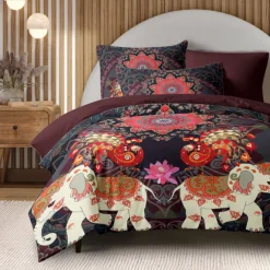 Bohemian Duvet Cover Set 100% Cotton Soft and Breathable Bedding Featuring Elephant Paisely Prints Lightweight and Durable Quilt Cover Comfortable for All Seasons Easy to Care
