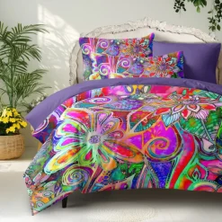 Bohemian Duvet Cover Set 100% Cotton Soft and Breathable Bedding Featuring Colorful Flowers Lightweight and Durable Quilt Cover Comfortable for All Seasons Easy to Care