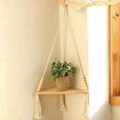 Bohemian Wall Hanging Decorative Shelf - Wooden Beads, Cotton Rope & Plants Candle Storage Rack for Home Decor