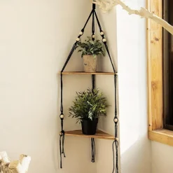 Bohemian Wall Hanging Decorative Shelf - Wooden Beads, Cotton Rope & Plants Candle Storage Rack for Home Decor