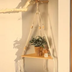 Bohemian Wall Hanging Decorative Shelf - Wooden Beads, Cotton Rope & Plants Candle Storage Rack for Home Decor