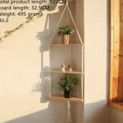 Bohemian Wall Hanging Decorative Shelf - Wooden Beads, Cotton Rope & Plants Candle Storage Rack for Home Decor