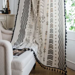 Boho Cotton Linen Curtains with Tassels Geometric Semi Blackout Print Farmhouse Bohemian Window Curtains for Living Room Rod Pocket Drapes 1 Panel