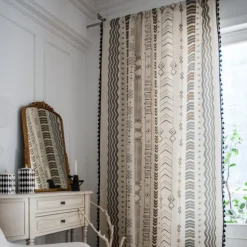 Boho Cotton Linen Curtains with Tassels Geometric Semi Blackout Print Farmhouse Bohemian Window Curtains for Living Room Rod Pocket Drapes 1 Panel