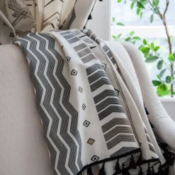 Boho Cotton Linen Curtains with Tassels Geometric Semi Blackout Print Farmhouse Bohemian Window Curtains for Living Room Rod Pocket Drapes 1 Panel