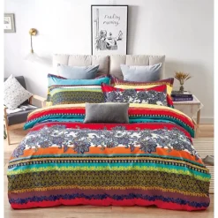 Boho Flower Duvet Cover Full Size Bohemian Lines Bedding Set Aztec Line Bed Sets Geomtric Quilt Cover Soft Lightweight Comforter Cover with 2 Pillowcases for Summer Spring