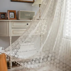 Boho Lace Window Curtain with Tasssel, Vintage Floral Geometric Crochet Curtains Panel Light Filtering Rod Pocket Window Drapes for Bedroom Living Room, 1 Panel