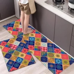 Boho Style Kitchen Mat Kitchen Rug Set of 2 Pcs,Perfect for Kitchen, Bathroom, Living Room, Soft, Absorbent Microfiber Material, Non-Slip, Easy Clean Machine Washable Floor Runner