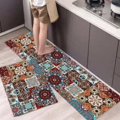 Boho Style Kitchen Mat Kitchen Rug Set of 2 Pcs,Perfect for Kitchen, Bathroom, Living Room, Soft, Absorbent Microfiber Material, Non-Slip, Easy Clean Machine Washable Floor Runner