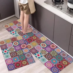 Boho Style Kitchen Mat Kitchen Rug Set of 2 Pcs,Perfect for Kitchen, Bathroom, Living Room, Soft, Absorbent Microfiber Material, Non-Slip, Easy Clean Machine Washable Floor Runner