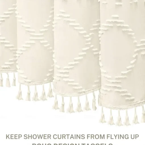 Boho White Woven Fabric Shower Curtain with Tassel 180cm 70" Modern Farmhouse Minimalist, Tufted Chevron Striped Shabby Chic Textured, Water Resistant Cloth Curtain for Bathroom, Hotel Decor