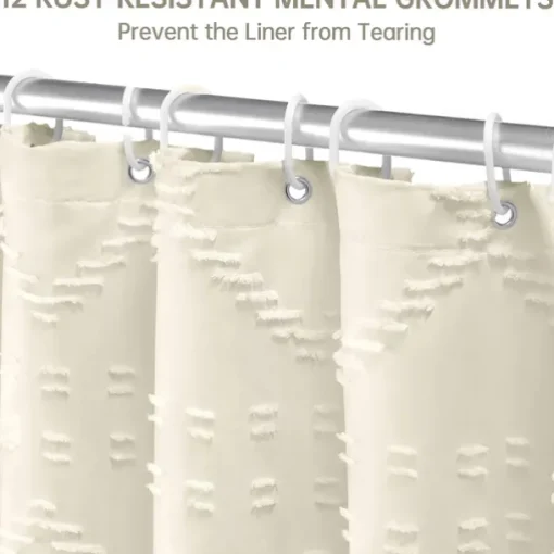 Boho White Woven Fabric Shower Curtain with Tassel 180cm 70" Modern Farmhouse Minimalist, Tufted Chevron Striped Shabby Chic Textured, Water Resistant Cloth Curtain for Bathroom, Hotel Decor