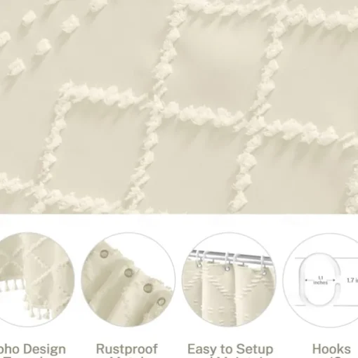 Boho White Woven Fabric Shower Curtain with Tassel 180cm 70" Modern Farmhouse Minimalist, Tufted Chevron Striped Shabby Chic Textured, Water Resistant Cloth Curtain for Bathroom, Hotel Decor
