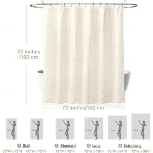 Boho White Woven Fabric Shower Curtain with Tassel 180cm 70" Modern Farmhouse Minimalist, Tufted Chevron Striped Shabby Chic Textured, Water Resistant Cloth Curtain for Bathroom, Hotel Decor