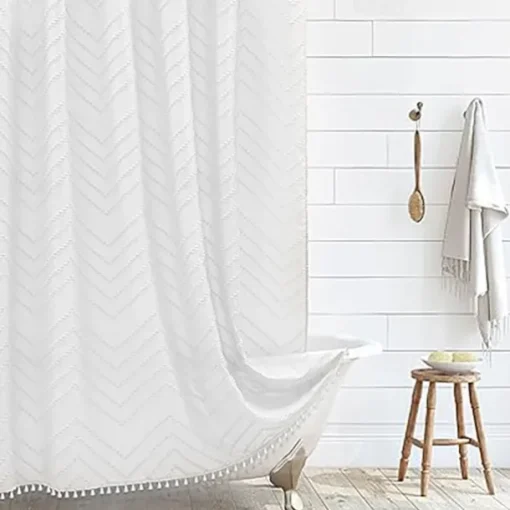 Boho White Woven Fabric Shower Curtain with Tassel 180cm 70" Modern Farmhouse Minimalist, Tufted Chevron Striped Shabby Chic Textured, Water Resistant Cloth Curtain for Bathroom, Hotel Decor