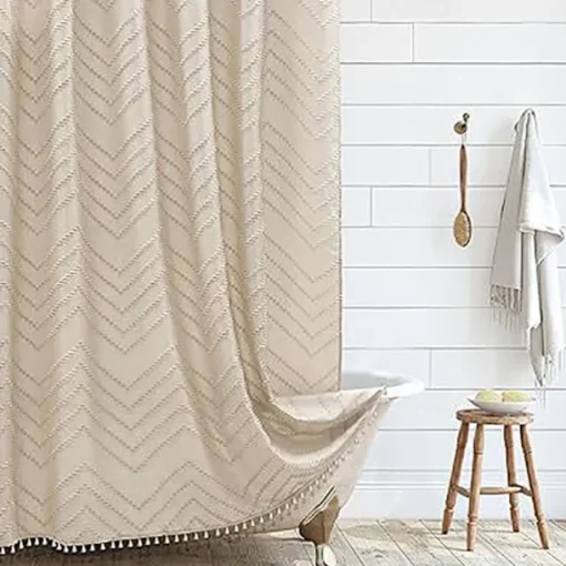 Boho White Woven Fabric Shower Curtain with Tassel 180cm 70" Modern Farmhouse Minimalist, Tufted Chevron Striped Shabby Chic Textured, Water Resistant Cloth Curtain for Bathroom, Hotel Decor