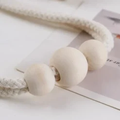 Boho Wooden Ball Curtain Tiebacks with Wood Beads Handmade Weave Rope Curtain Holders Window Drapes Holdbacks Strap Beige