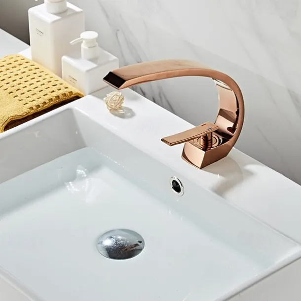 Brass Bathroom Sink Faucet Rose Gold Bend Shape Centerset Single Handle One Hole Faucet Set with Cold and Hot Water