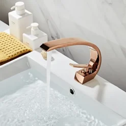Brass Bathroom Sink Faucet Rose Gold Bend Shape Centerset Single Handle One Hole Faucet Set with Cold and Hot Water