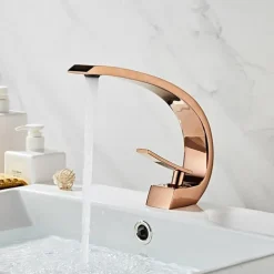 Brass Bathroom Sink Faucet Rose Gold Bend Shape Centerset Single Handle One Hole Faucet Set with Cold and Hot Water