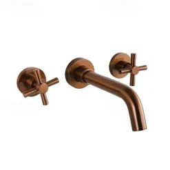 Brass Bathroom Sink Faucet,Wall Mount Widespread Rotatable Rose Gold Two Handles Three HolesBath Taps With Hot and Cold Water