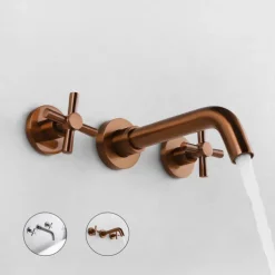 Brass Bathroom Sink Faucet，Wall Mount Widespread Rotatable Rose Gold Two Handles Three HolesBath Taps With Hot and Cold Water