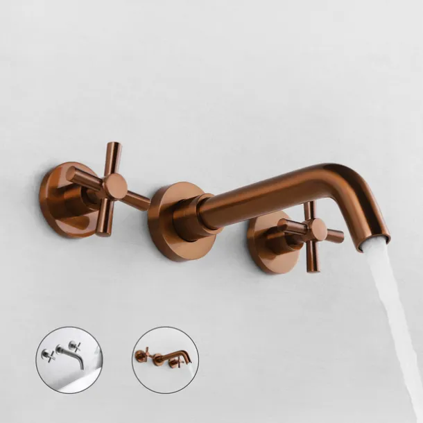 Brass Bathroom Sink Faucet,Wall Mount Widespread Rotatable Rose Gold Two Handles Three HolesBath Taps With Hot and Cold Water