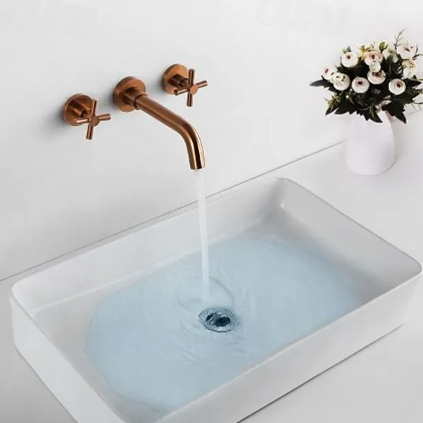 Brass Bathroom Sink Faucet,Wall Mount Widespread Rotatable Rose Gold Two Handles Three HolesBath Taps With Hot and Cold Water