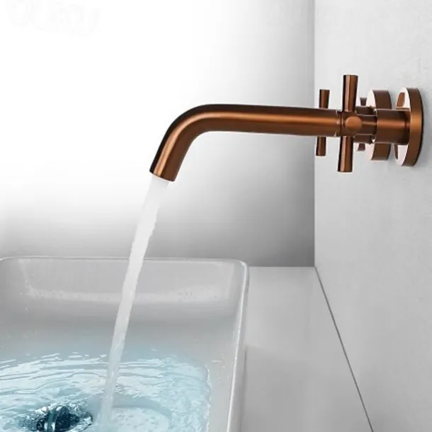Brass Bathroom Sink Faucet,Wall Mount Widespread Rotatable Rose Gold Two Handles Three HolesBath Taps With Hot and Cold Water