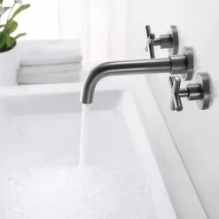 Brass Bathroom Sink Faucet,Wall Mount Widespread Rotatable Rose Gold Two Handles Three HolesBath Taps With Hot and Cold Water