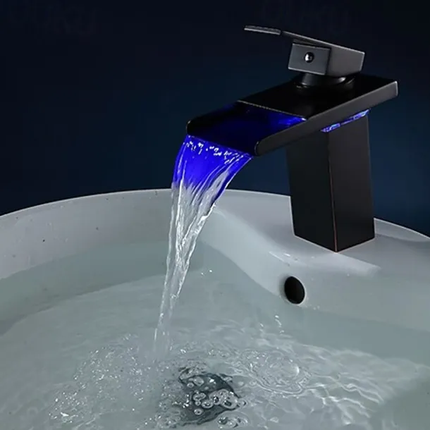 Brass Bathroom Sink Faucet,Waterfall Oil-rubbed Bronze Single Handle One Hole Water Flow LED Power Source Bath Taps with Zinc Alloy Handle Material, Ceramic Valve,and Cold/Hot Switch