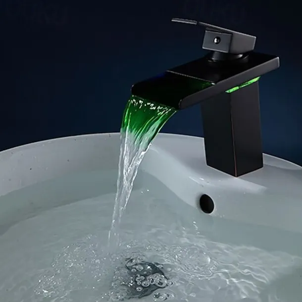 Brass Bathroom Sink Faucet,Waterfall Oil-rubbed Bronze Single Handle One Hole Water Flow LED Power Source Bath Taps with Zinc Alloy Handle Material, Ceramic Valve,and Cold/Hot Switch