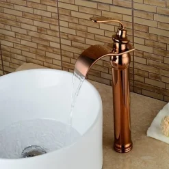 Brass Bathroom Sink Faucet,Waterfall Rose Gold Centerset Single Handle One Hole Bath Taps with Hot and Cold Water