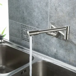 Brass Kitchen Faucet, Wall Mounted Pot Filler Single Handle One Hole Nickel Brushed Rotatable and Pre Rinse Kitchen Taps with Cold Water Only