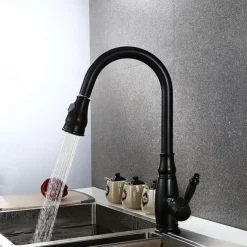 Brass Kitchen Faucet,Single Handle One Hole Oil-rubbed Bronze Pull-out Spray Widespread Tall High Arc Vessel Antique Kitchen Taps with Hot and Cold Switch