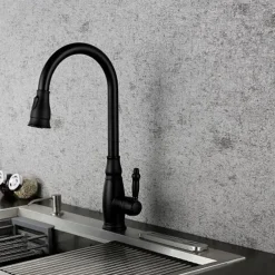 Brass Kitchen Faucet,Single Handle One Hole Oil-rubbed Bronze Pull-out Spray Widespread Tall High Arc Vessel Antique Kitchen Taps with Hot and Cold Switch