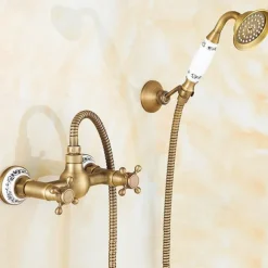 Brass Shower Faucet Set,Two Handles One Hole Wall Installation Waterfall Portable Spray Pull out Handshower with Cold/Hot Water