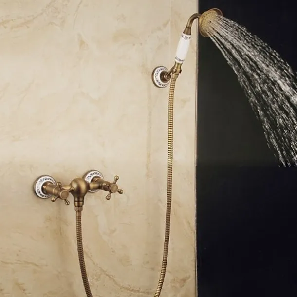 Brass Shower Faucet Set,Two Handles One Hole Wall Installation Waterfall Portable Spray Pull out Handshower with Cold/Hot Water