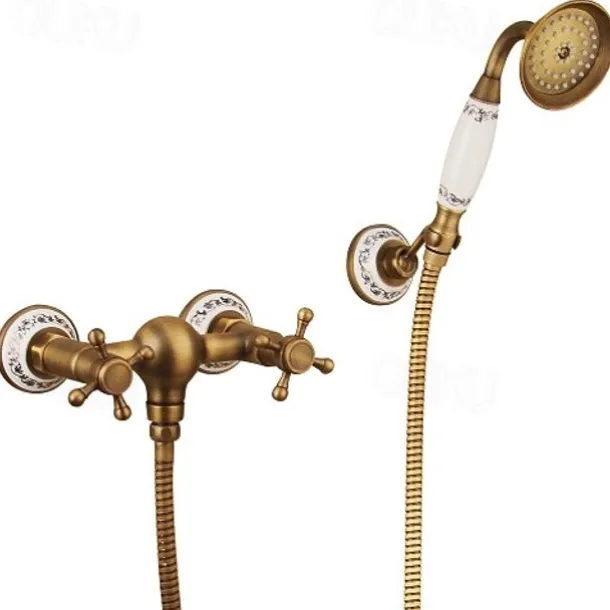 Brass Shower Faucet Set,Two Handles One Hole Wall Installation Waterfall Portable Spray Pull out Handshower with Cold/Hot Water