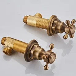 Brass Bathroom Faucet, Brushed Finish Antique Copper Two Handles Three Holes Widespread Bathroom Sink Faucet Contain with Cold and Hot Switch