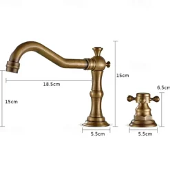 Brass Bathroom Faucet, Brushed Finish Antique Copper Two Handles Three Holes Widespread Bathroom Sink Faucet Contain with Cold and Hot Switch