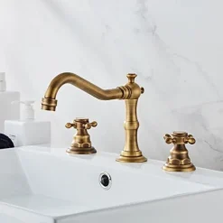 Brass Bathroom Faucet, Brushed Finish Antique Copper Two Handles Three Holes Widespread Bathroom Sink Faucet Contain with Cold and Hot Switch