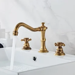 Brass Bathroom Faucet, Brushed Finish Antique Copper Two Handles Three Holes Widespread Bathroom Sink Faucet Contain with Cold and Hot Switch